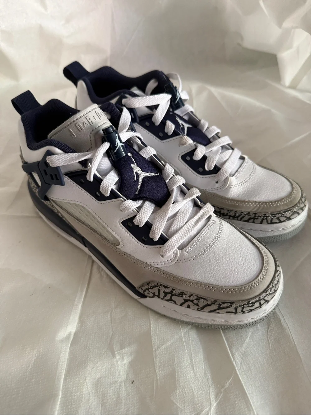 Jordan White and Navy Low-Top Sneakers with Elephant Print